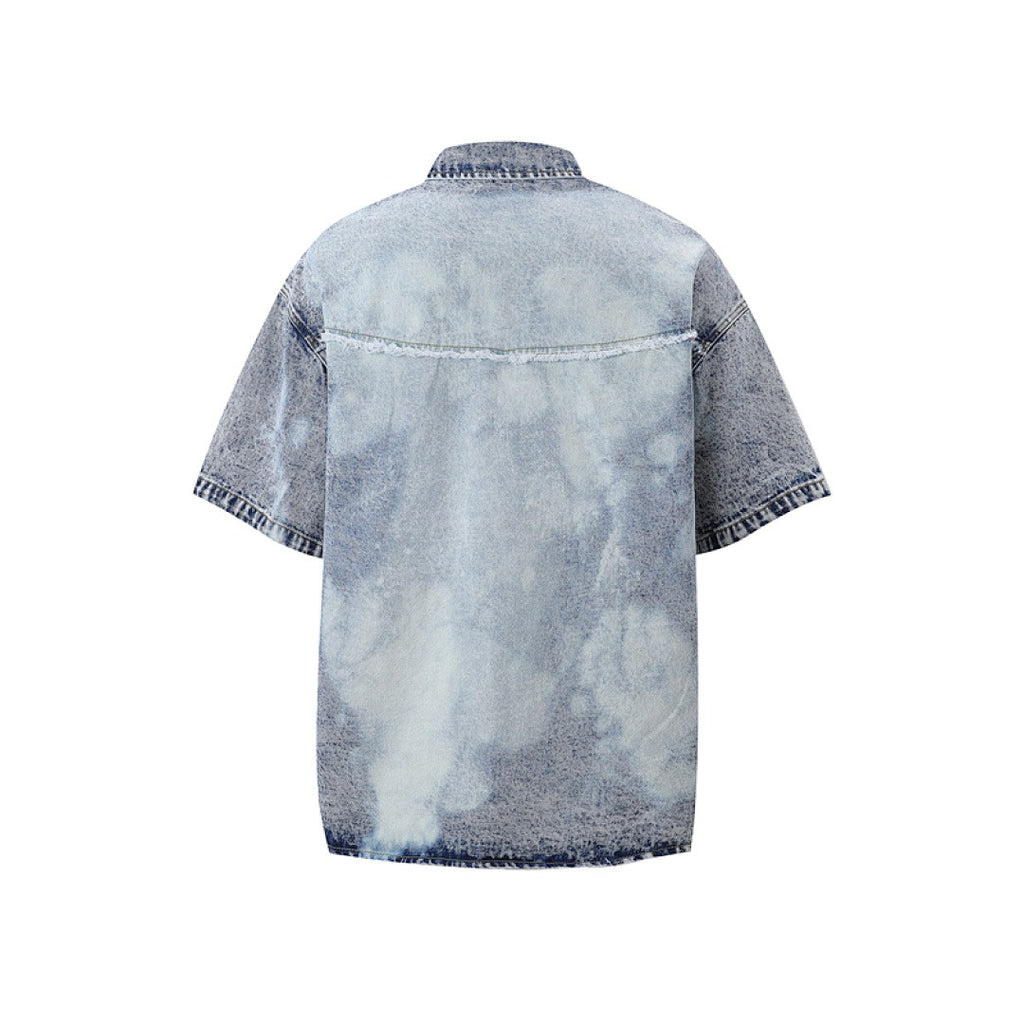 Short Sleeve Acid Denim Shirt - Light Blue