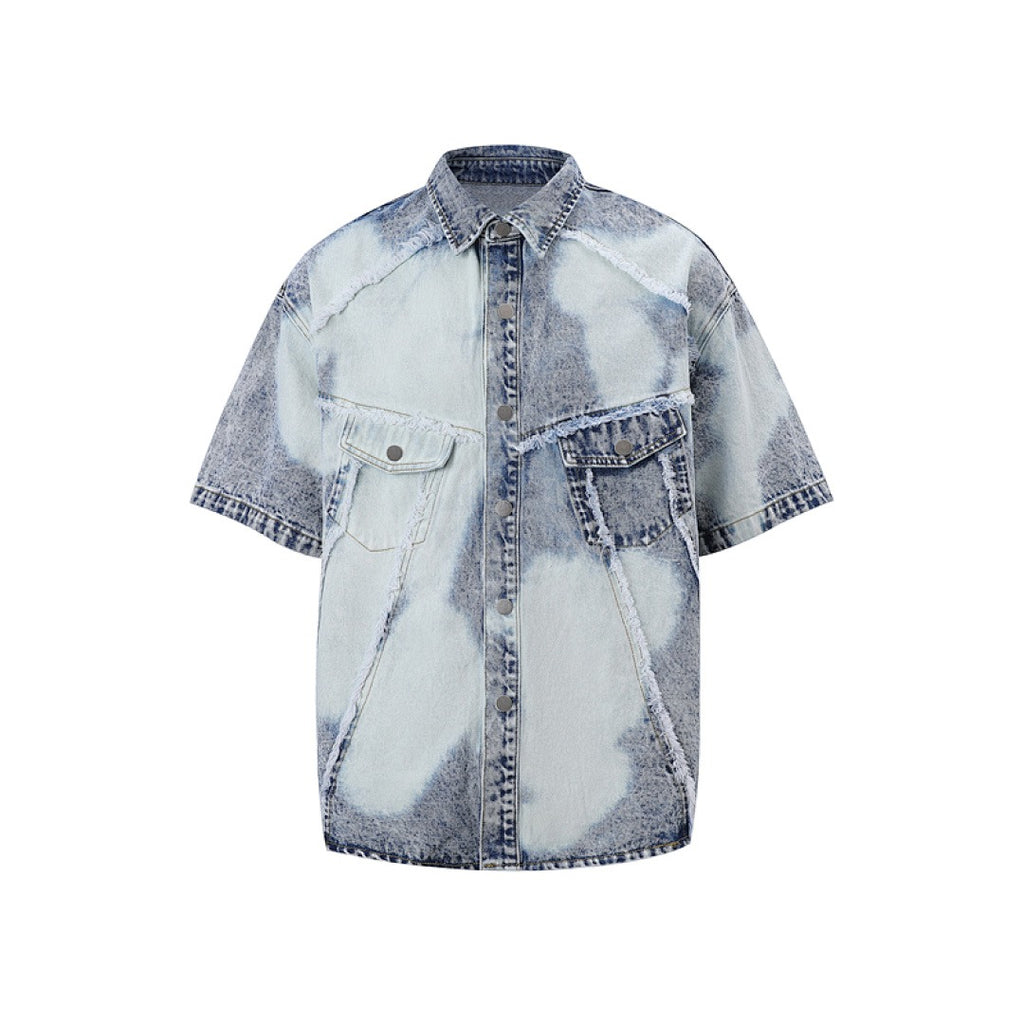Short Sleeve Acid Denim Shirt - Light Blue