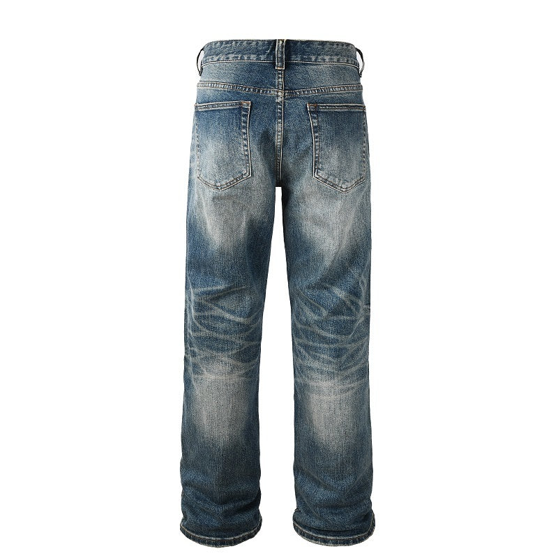 Straight Ripped Baggy Denim Jean - Washed Blue Fade