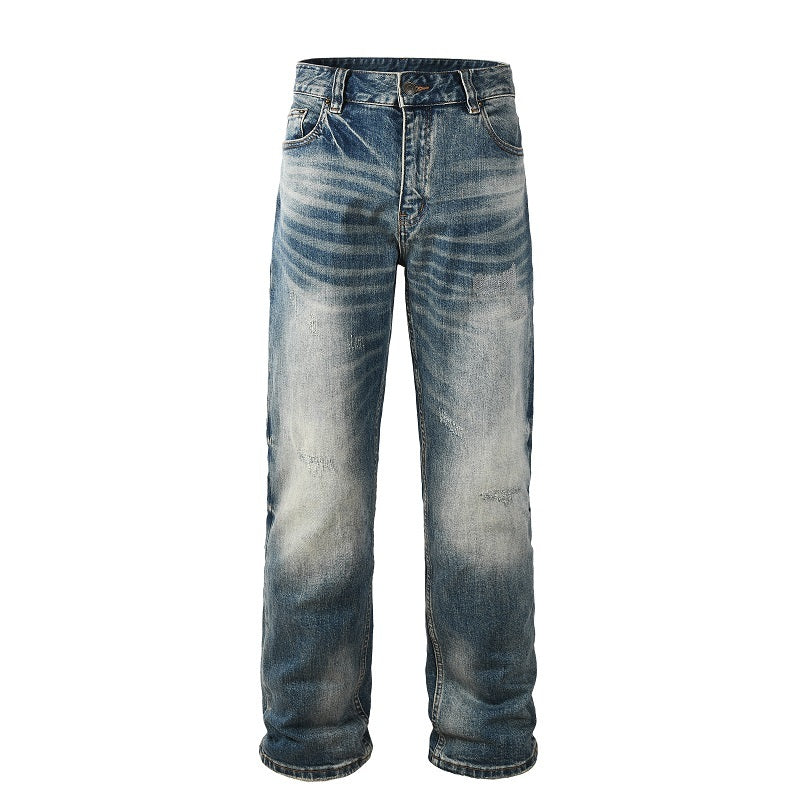 Straight Ripped Baggy Denim Jean - Washed Blue Fade