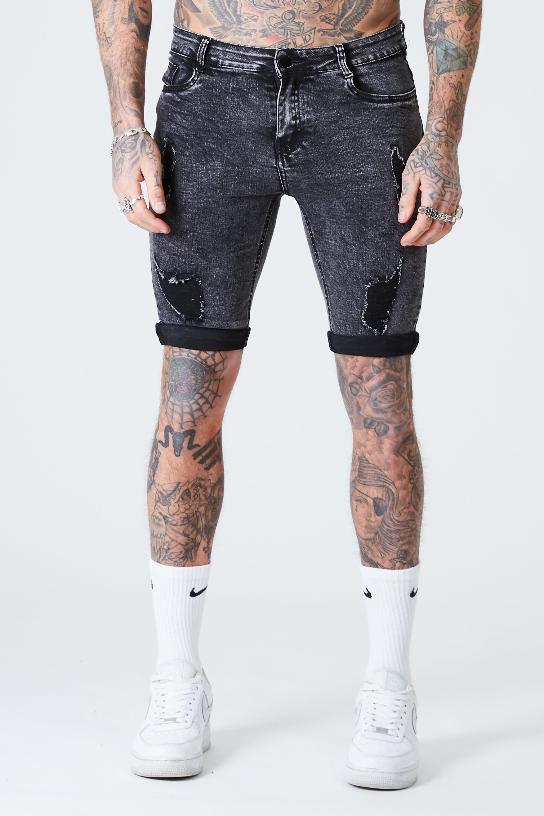 Distressed Skinny Denim Shorts - Dark Grey - SVPPLY. STUDIOS 