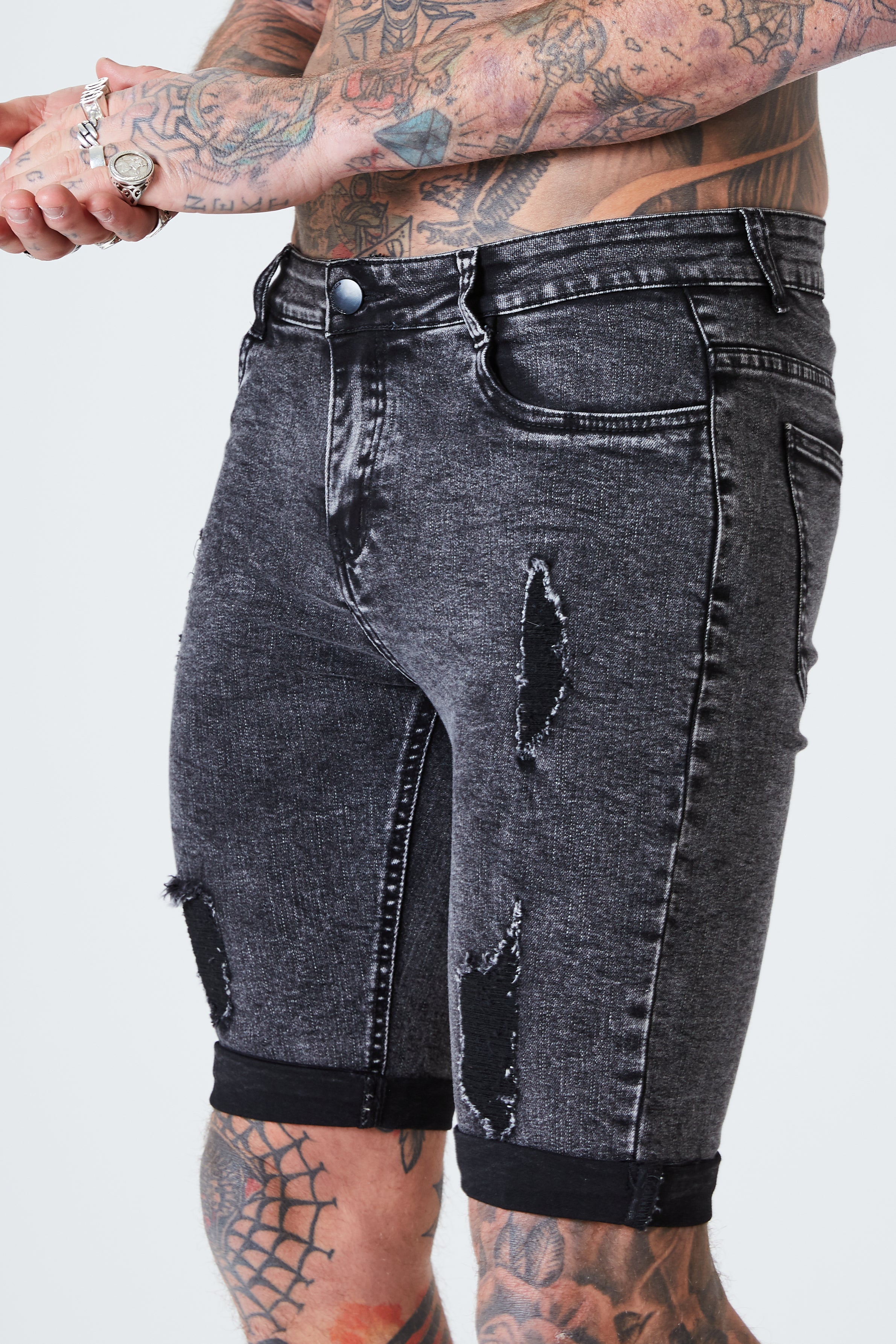 Distressed Skinny Denim Shorts - Dark Grey - SVPPLY. STUDIOS 