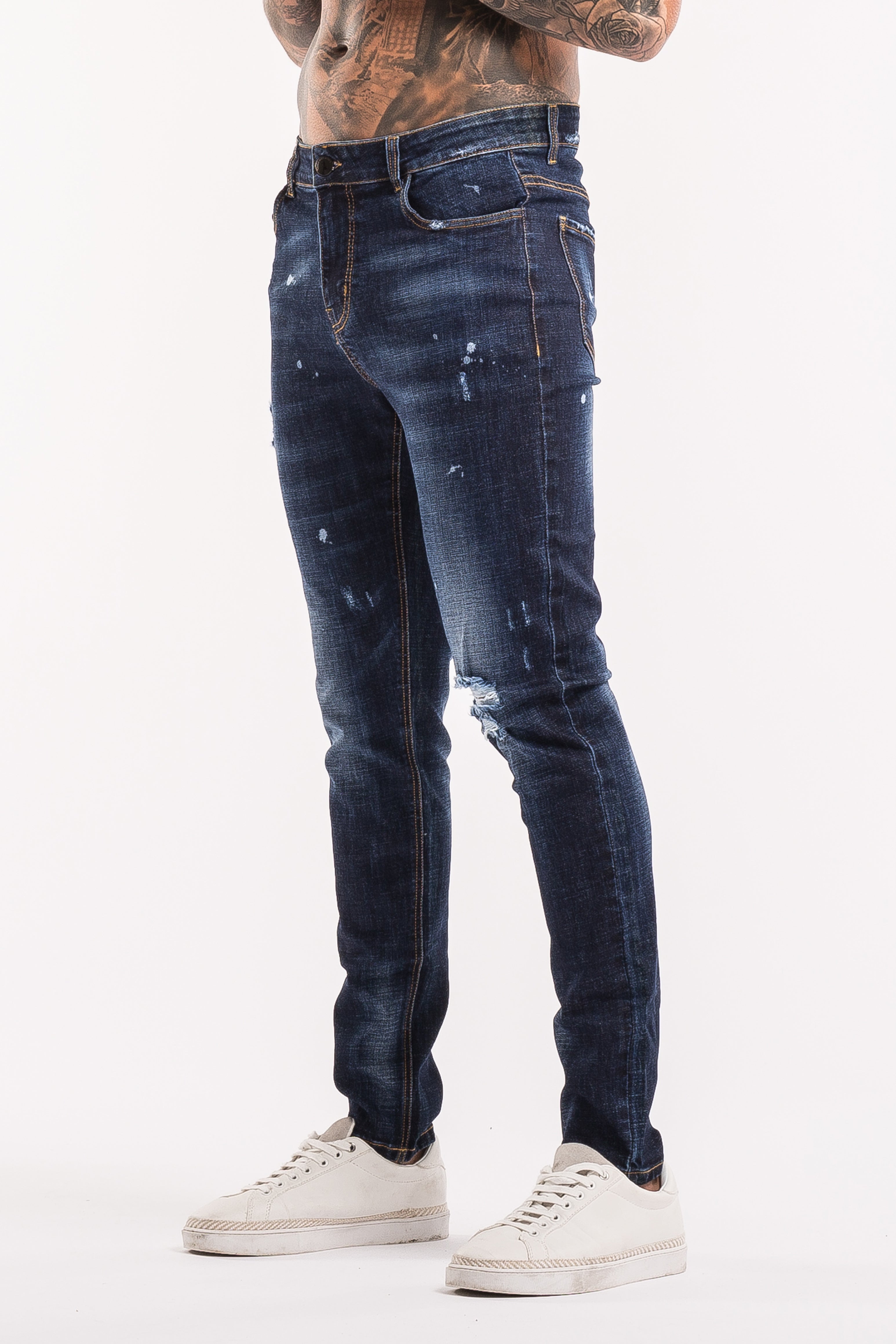 Slim Fit Ripped Paint Splash Jeans - Dark Blue - SAINT JAXON