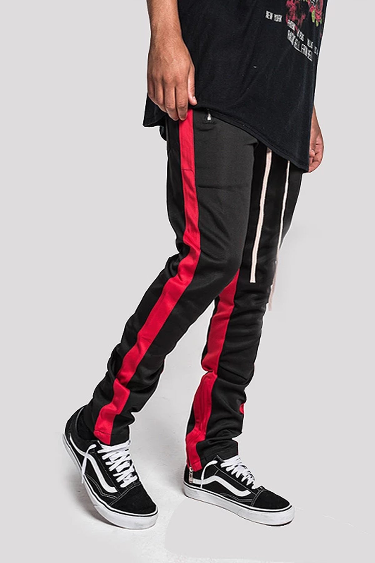 Retro Side Track Pants - Black / Red Stripe | SAINT