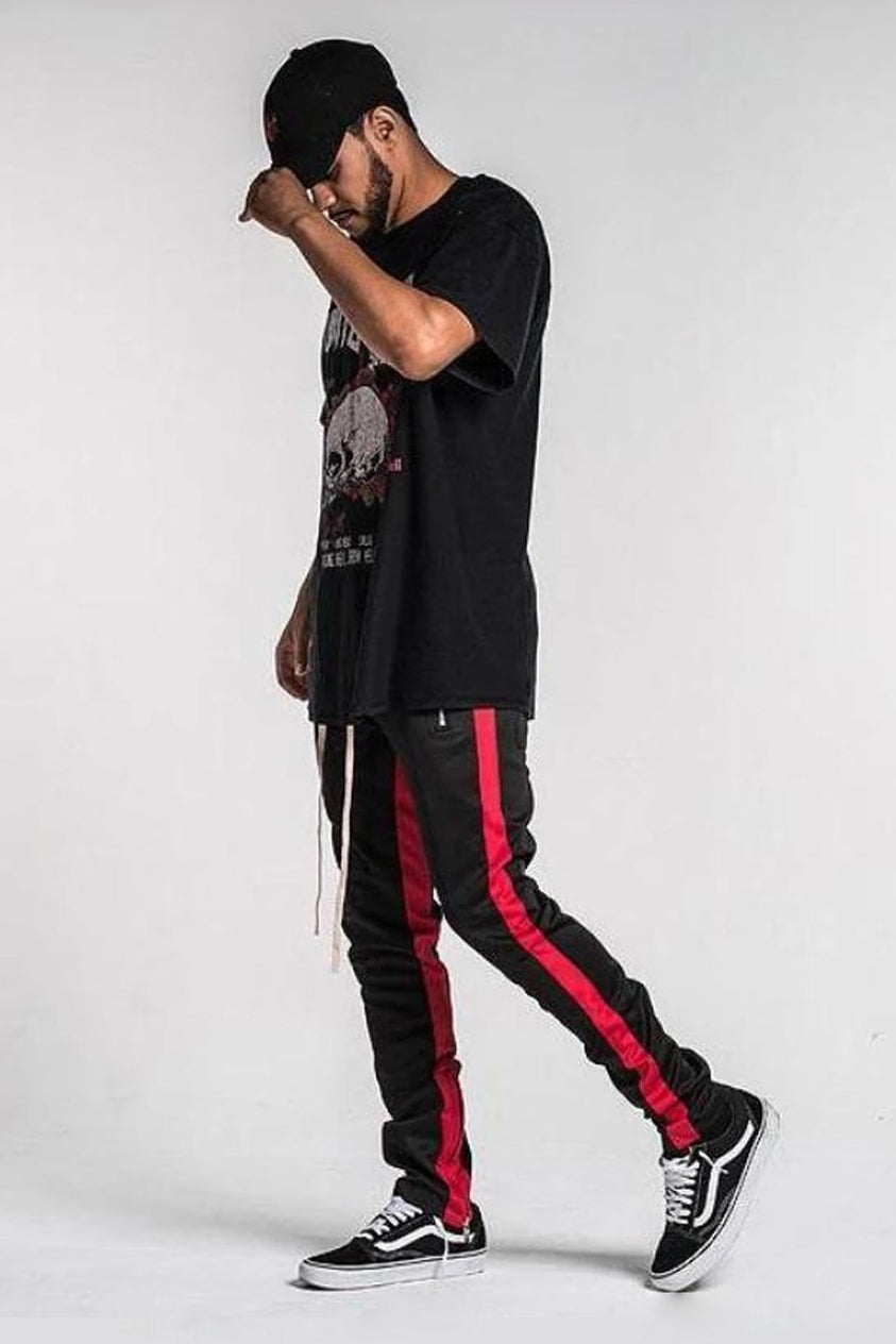 Retro Side Stripe Track Pants - Black / Red Stripe | SAINT JAXON