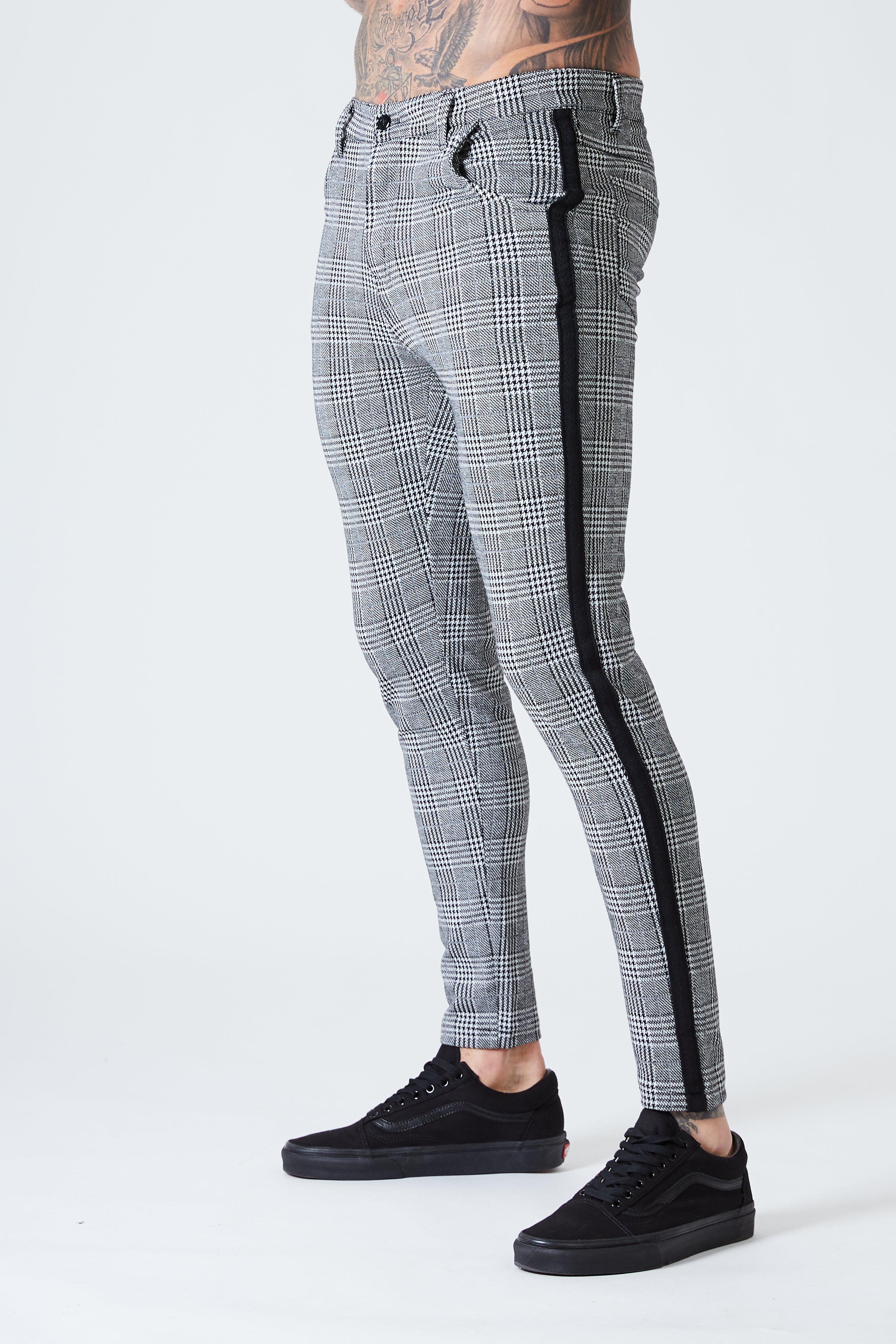 Skinny Check Trousers with Black Stripe - Grey - SVPPLY. STUDIOS 