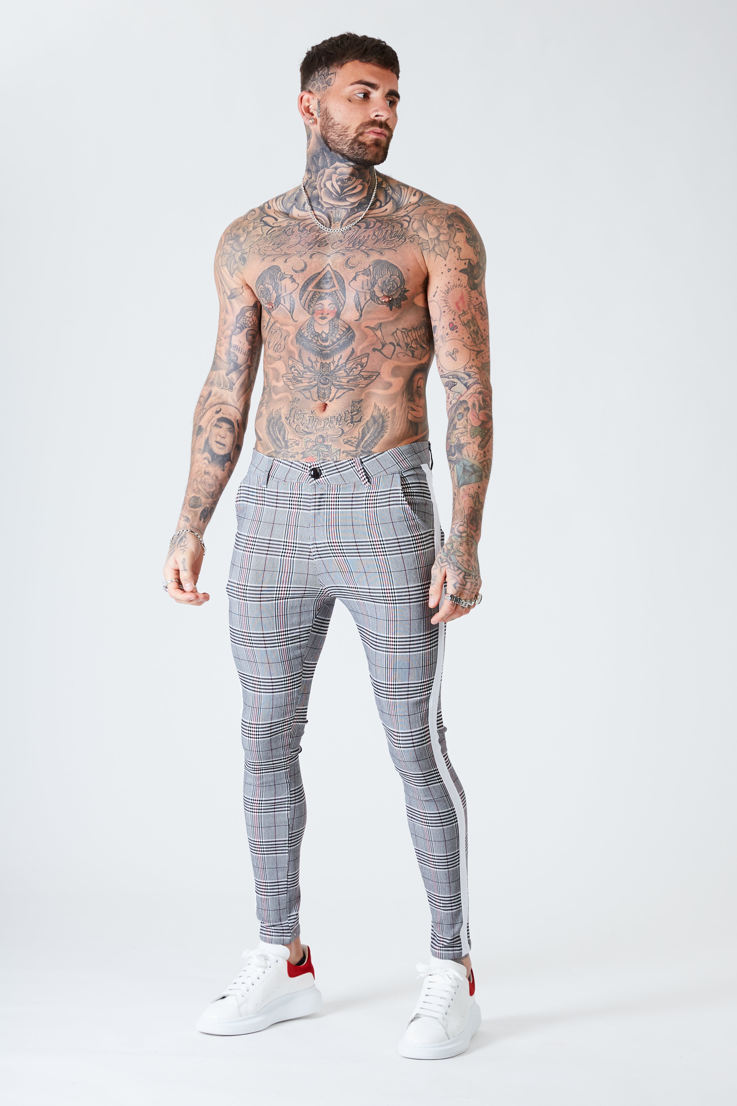 Grey Check Skinny Trousers  New Look