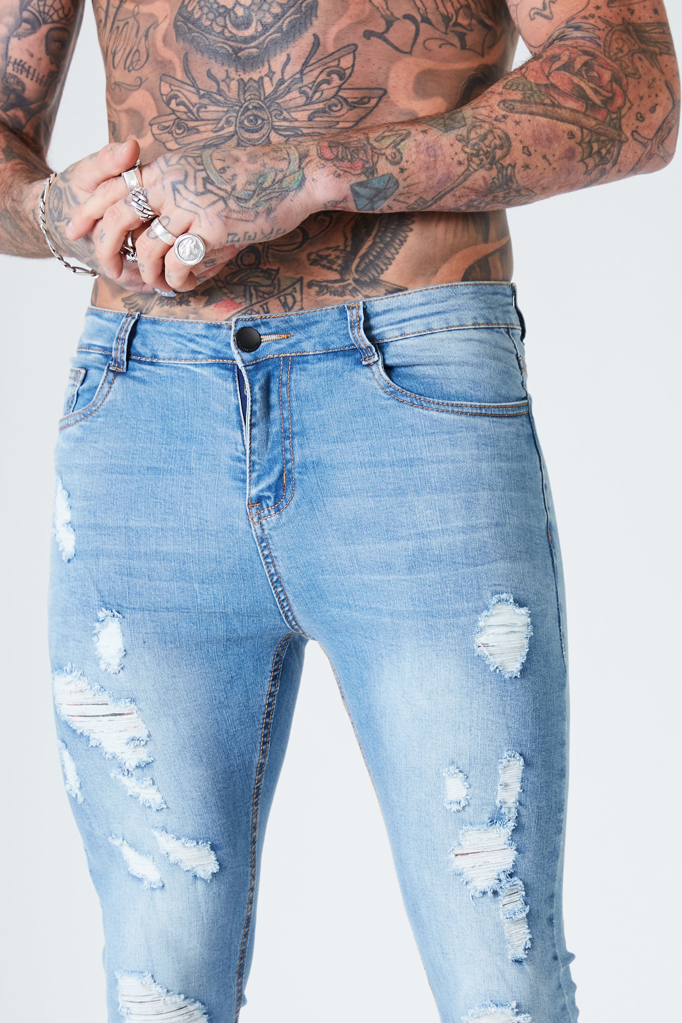Ripped & Repaired Spray on Jeans - Blue Fade - SVPPLY. STUDIOS 