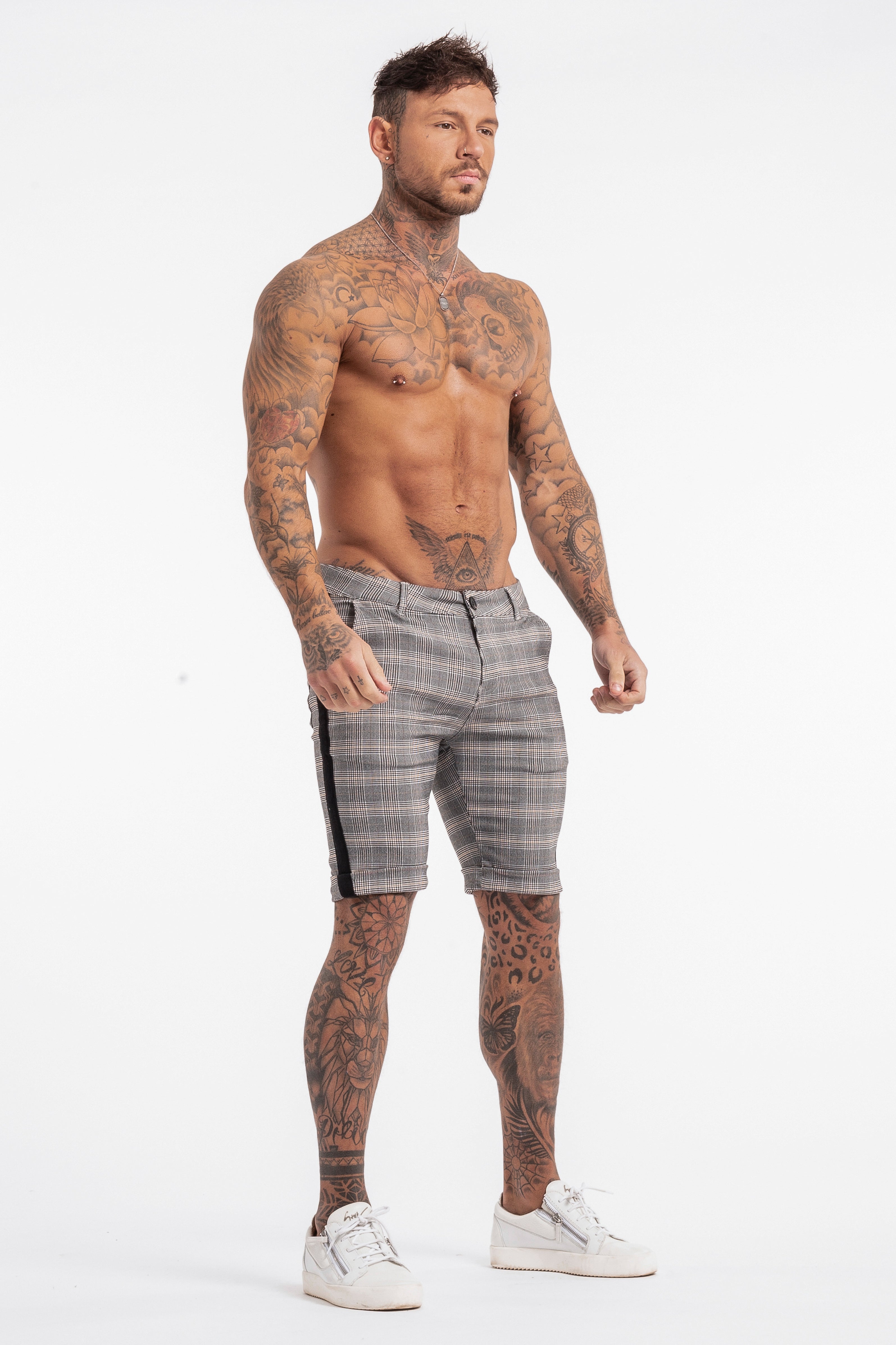 Check Shorts with Black Stripe - Stone Grey - SVPPLY. STUDIOS 