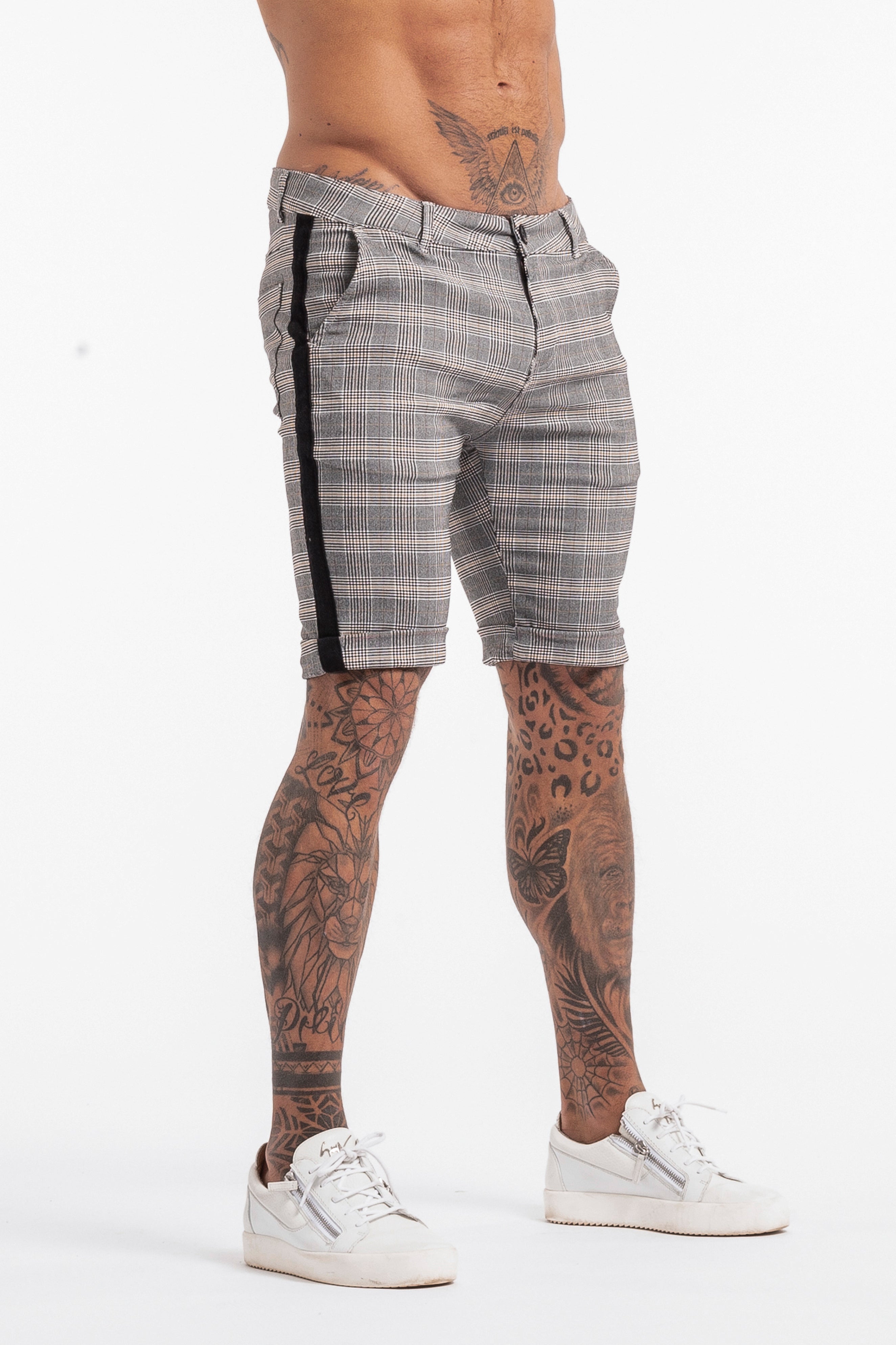 Check Shorts with Black Stripe - Stone Grey - SVPPLY. STUDIOS 